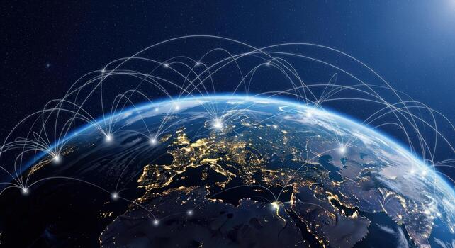 Global Network Connection Earth at Night with Interconnected Lines, Representing Global Communication and Technology Infrastructure photo