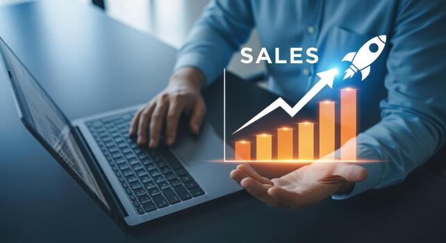 ventas crecimiento concepto empresario con ordenador portátil mostrando creciente bar grafico y cohete para negocio éxito foto