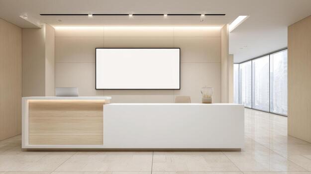Modern Reception Area with Blank Screen for Custom Messaging and Branding Opportunities in a Minimalist Space photo