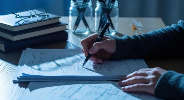 Architectural Design Process Hand Drafting Blueprints with Technical Pen in Low Light Environment on Desk photo