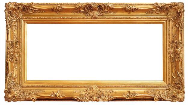 Ornate Gold Picture Frame Detailed Carvings, Isolated Object with Empty White Space for Copy photo