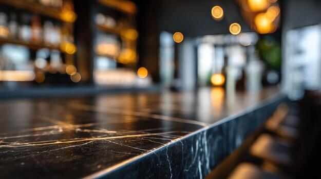 Close-up of dark marble bar top surface with blurred restaurant background creating bokeh effect photo