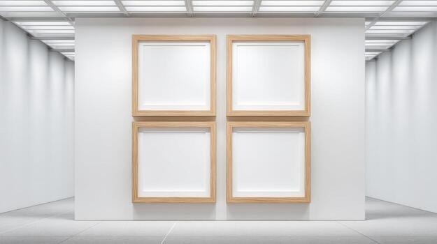 Four Empty Frames in Gallery, Ideal for Art Exhibition Mockups and Displaying Artwork in Modern Style photo