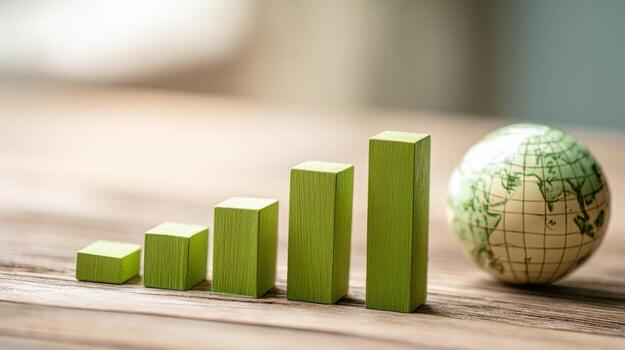 Sustainable Growth Concept Green Bar Chart with World Globe Symbolizing Global Progress and Environmental Responsibility photo