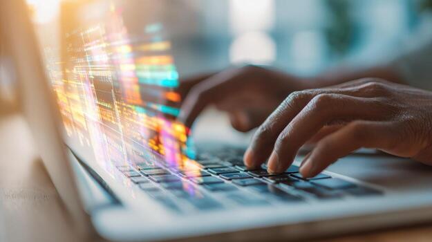 Close-up of African-American Hands Coding on Laptop with Digital Overlays, Showing Technology and Innovation photo
