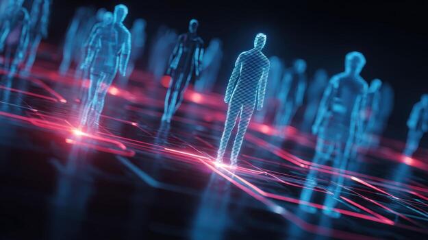 Abstract Digital Human Figures with Red Light Network, Concept for AI, Big Data and Metaverse photo