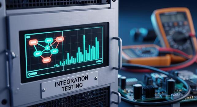 Integration Testing Process Displayed on Server Rack with Electronic Components and Measurement Tools photo