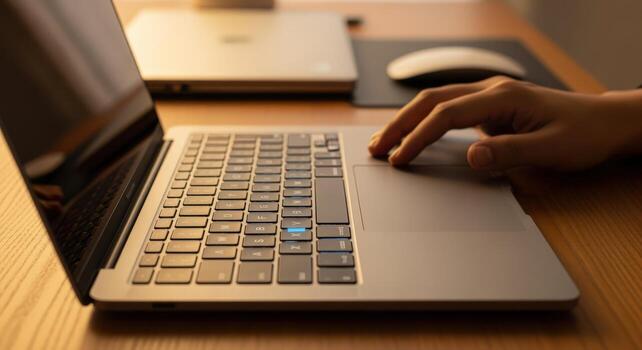 Laptop Use at Desk Close-up of Hand on Touchpad for Work and Technology Concepts photo