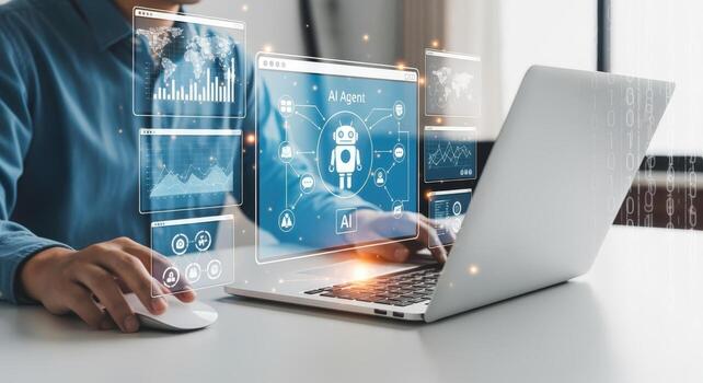 AI Agent Interface on Laptop Man Analyzing Data, Charts and Virtual Assistant for Business Solutions photo