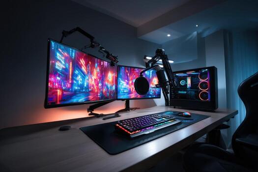 Modern Gaming Setup with Dual Monitors, Keyboard, Microphone, and High-Performance PC for Streaming photo