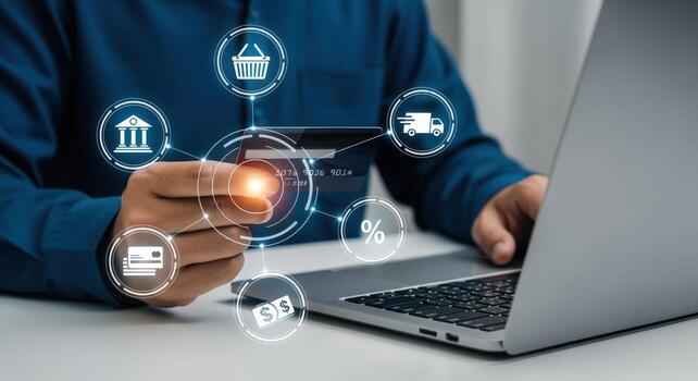 Online Shopping and Secure Payment with Credit Card on a Laptop for Easy Transactions photo