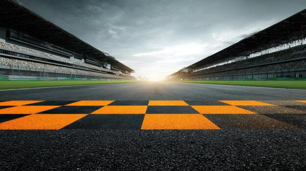 Racing Asphalt Track with Checkered Finish Line and Stadium Seating on Overcast Day photo