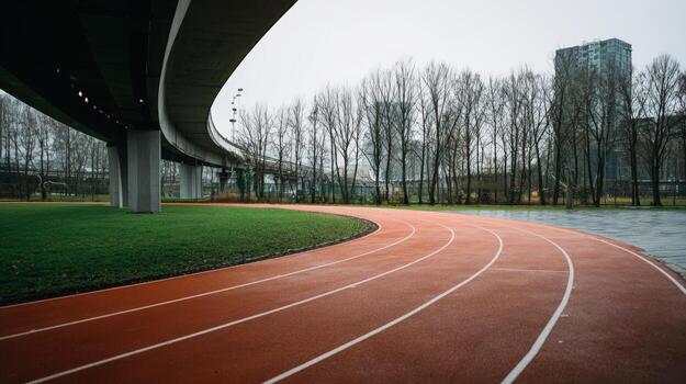 Curved Running Track with Urban Skyline A Modern Athletic Field and Infrastructure Landscape photo