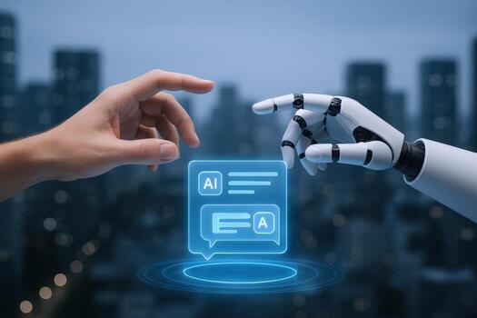 Human and Robot Hands Touching Over an AI Chat Interface in a Futuristic Cityscape photo