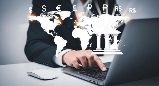 Global Finance Network Digital Banking with Currency Symbols and World Map Visualization on Laptop photo