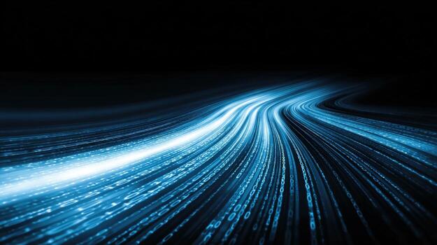 Abstract Blue Light Trails Speeding into Distance, Representing Technology, Data Transfer, and High Velocity photo