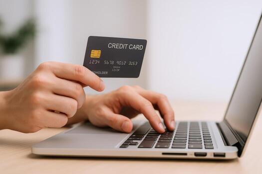 Online Payment with Credit Card on Laptop for Secure Shopping and Financial Transactions photo