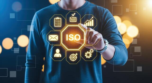ISO Certification Concept Businessman Navigating Quality Standards via Holographic Interface for Business Process Improvement and Global Compliance photo