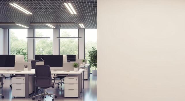 Modern Office Space with Desks, Computers, and Natural Light, Featuring Empty Wall for Customization photo