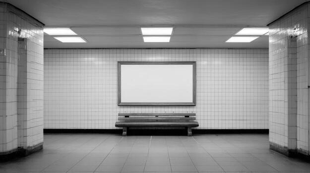 Monochrome Subway Station Featuring Blank Billboard and Bench, Ideal for Advertising Mockups and Urban Design Concepts photo