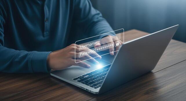 Man Typing Username and Password into Laptop, Cybersecurity Concept, Account Access, Data Protection photo