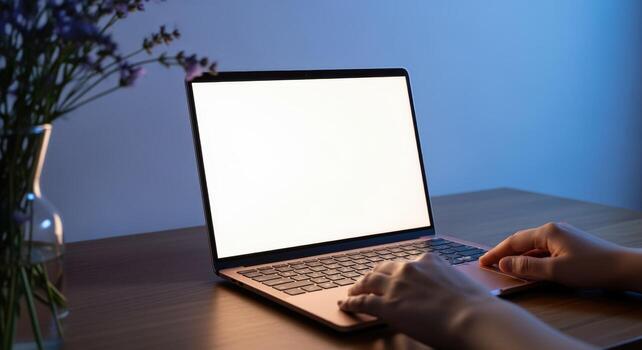 Laptop on Desk with Blank Screen for Mockup with Hands and Flowers in Vase photo