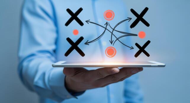 Strategic Planning and Digital Solutions Business Strategy Displayed on Tablet, Innovation, and Problem Solving Concept photo