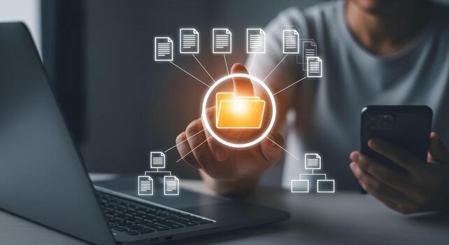 Digital File Management System Concept User Accessing and Organizing Data with Modern Technology photo