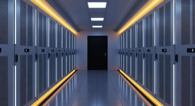Data Center Corridor with Server Racks and Network Equipment for Cloud Computing Infrastructure photo
