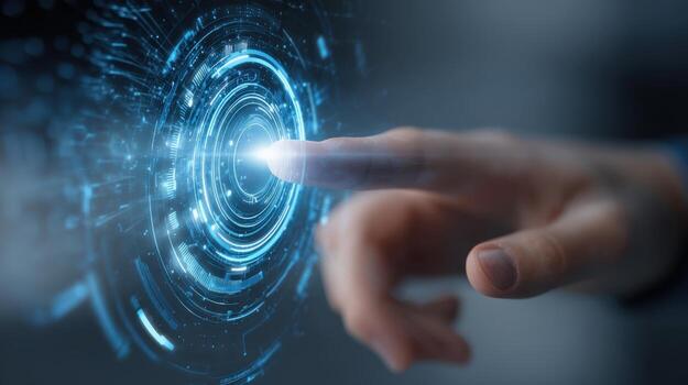Finger Touching Futuristic Interface Innovation, Technology, and Connectivity Concept with Glowing Blue Light photo