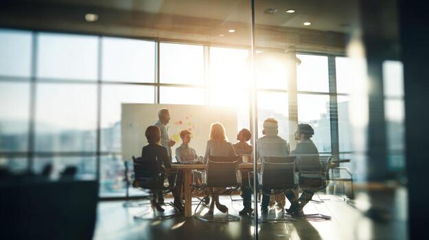 Corporate Team Meeting in Modern Office with City View, Collaboration, and Presentation on Whiteboard photo