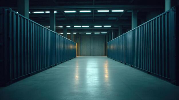 Cargo Containers Aligned in a Warehouse Setting, Under Artificial Lighting with Metal Texture and Cold Tones photo