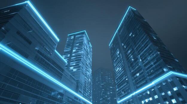 Futuristic Cityscape with Glowing Outlines Nighttime View of Modern Architecture and Urban Illumination photo