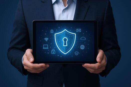 Businessman Holding Tablet Displaying Digital Security Shield with Keyhole, Symbolizing Data Protection and Privacy photo