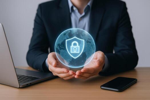 empresario participación un digital globo con proteger y candado icono, representando la seguridad cibernética y datos proteccion foto