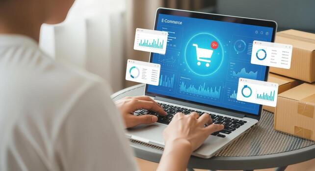 E-commerce Analytics on Laptop with Shipping Boxes Showing Business Insights and Online Sales Data photo
