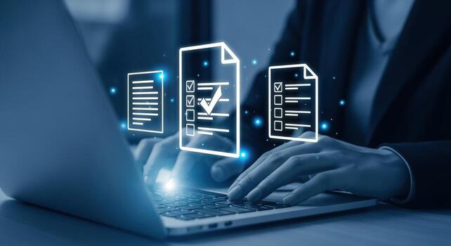Digital Document Management Person Typing on Laptop with Virtual Checklists, Data Processing and Automation photo