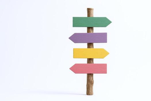 Colorful Directional Signpost with Four Arrows on White Background Choice, Opportunity, and Guidance photo