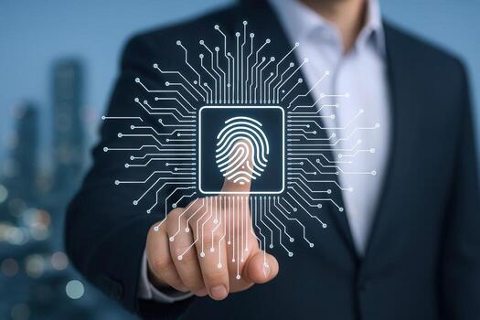 Biometric Authentication Concept Businessman Touching Fingerprint Scan on Digital Interface for Secure Access and Verification photo