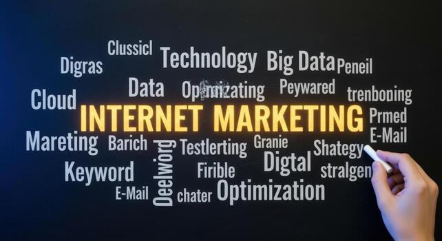 Internet Marketing Strategy Cloud, Technology, Data, Optimization and Big Data, Hand Writing Marketing photo