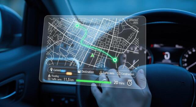 Augmented Reality Navigation Display in Car Driver Using Interactive HUD System for Route Guidance photo