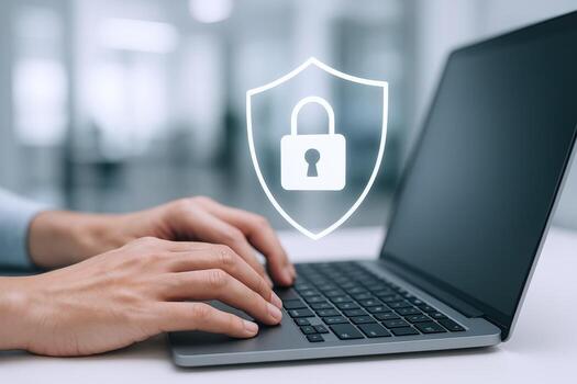 Cybersecurity on Laptop Man Typing with Data Protection Shield Overlay, Internet Security Concept, Computer Safety photo