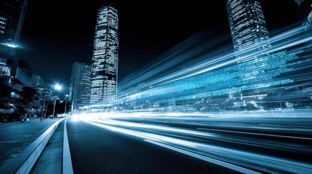 Night Cityscape with Light Streaks Dynamic Urban Motion and Modern Architecture in a Metropolis photo