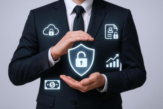 Cybersecurity Shield Business Professional Securing Digital Assets and Information with Protective Measures and Innovative Technology photo