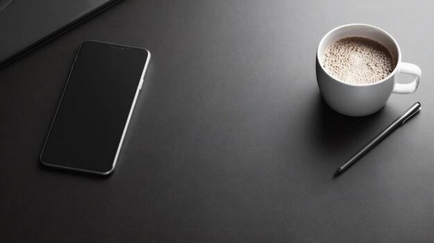 Minimalist Workspace Flat Lay with Coffee, Smartphone and Pen on a Black Surface photo