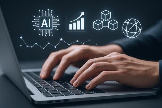 ai tecnología integración manos mecanografía en ordenador portátil con artificial inteligencia gráficos cubrir para negocio crecimiento foto