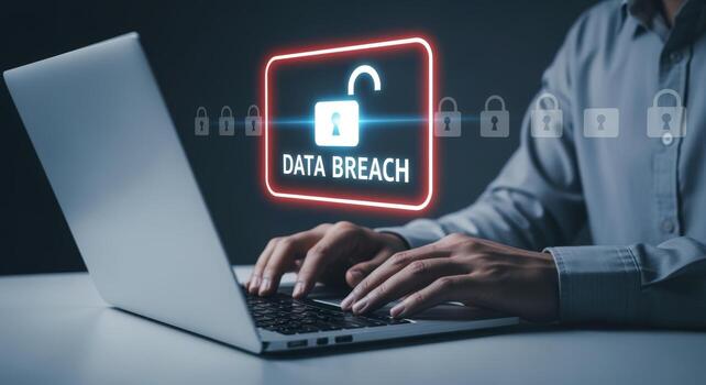 datos incumplimiento ilustración empresario mecanografía en ordenador portátil con la seguridad cibernética vulnerabilidad advertencia y candado íconos foto