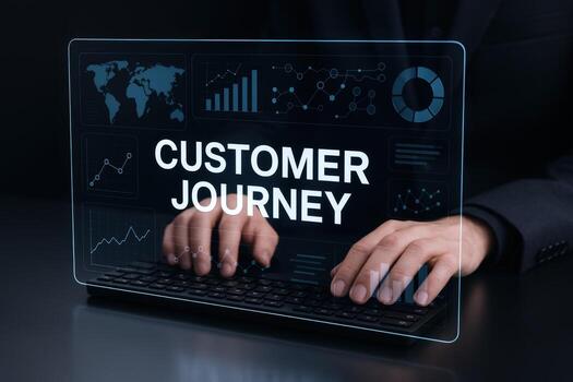 Customer Journey Visualization Hands on Keyboard Analyzing Data with Digital Interface Displaying Charts and Information photo