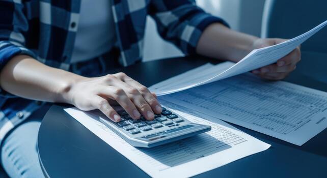 Managing finances Close up shot of person using calculator and paperwork to budget expenses photo