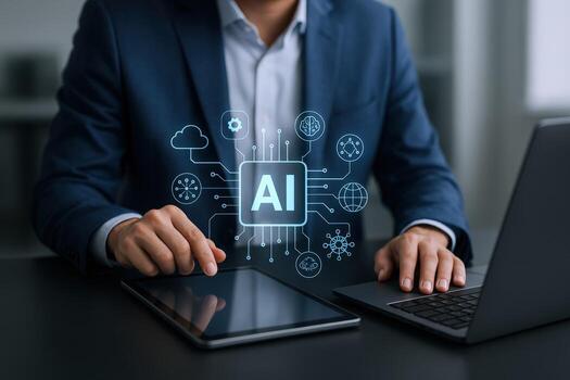 AI Technology Concept Businessman Working with Artificial Intelligence Interface on Tablet and Laptop for Innovation and Data Analysis photo